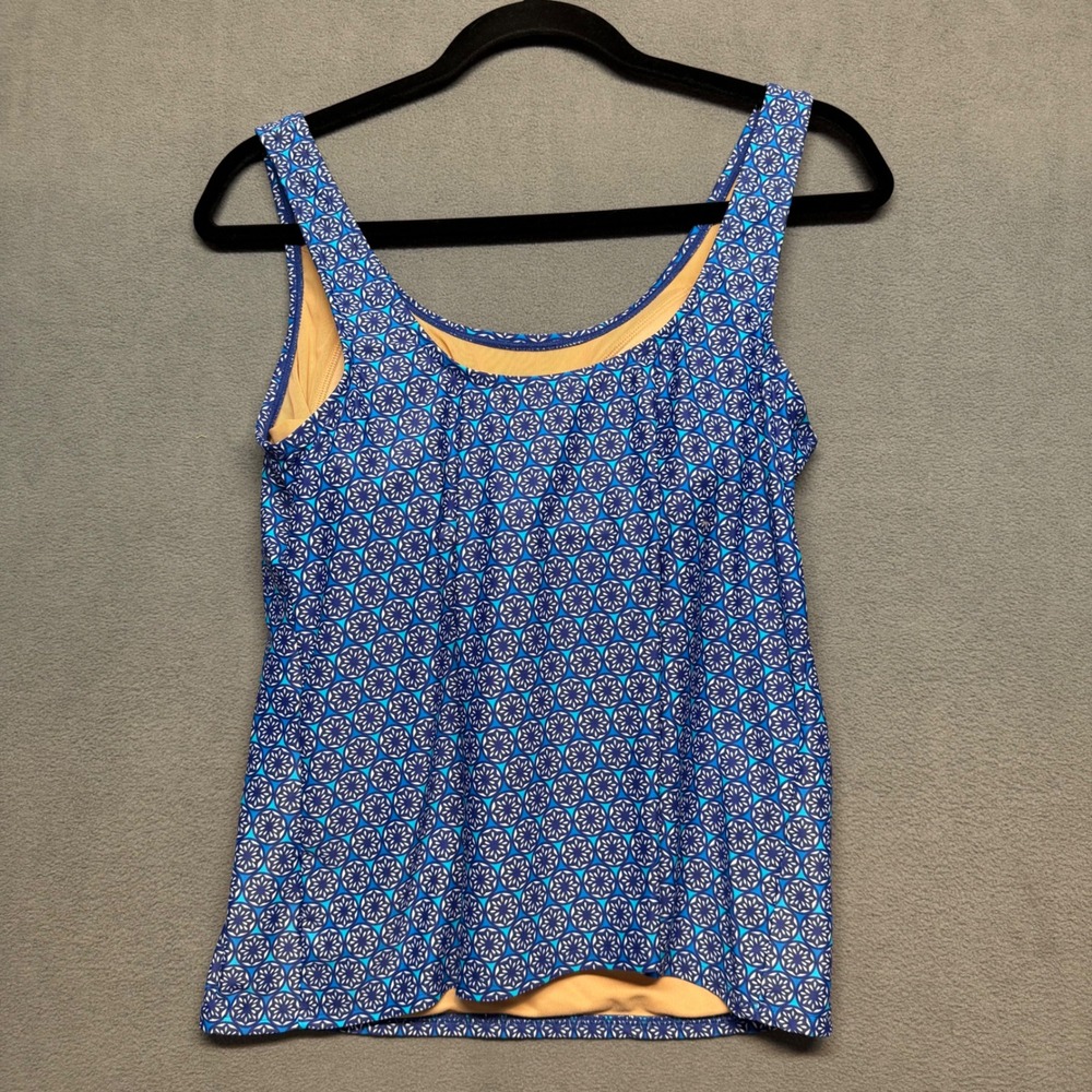 LL Bean Tankini Swim Top Geometric Tile Print Modest Blue Size 12 Reg 294260 - Picture 2 of 9
